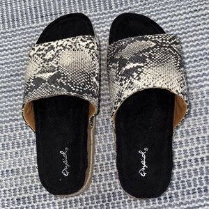 Qupid Black and Cream Sandals with Snakeskin Pattern